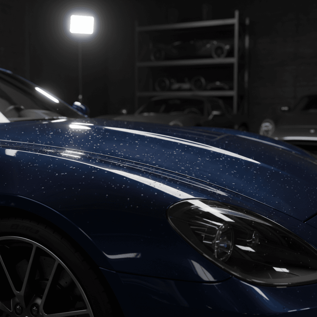 Professional car detailing work showing a perfectly polished vehicle under spotlights