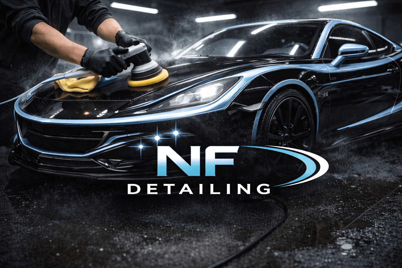 Detailer using a power buffer on a black sports car with the NF Detailing logo.