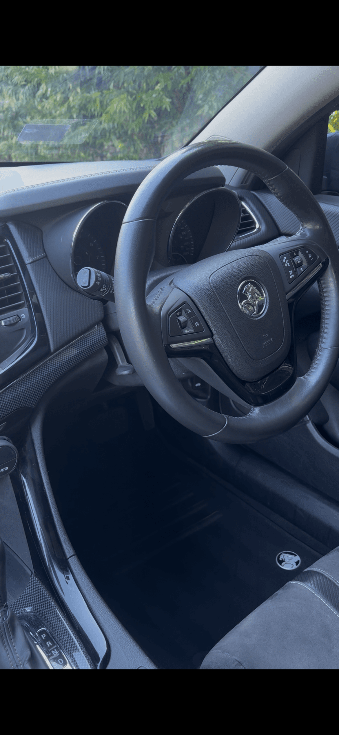Holden car interior featuring a leather steering wheel, instrument cluster, and carbon fiber trim.