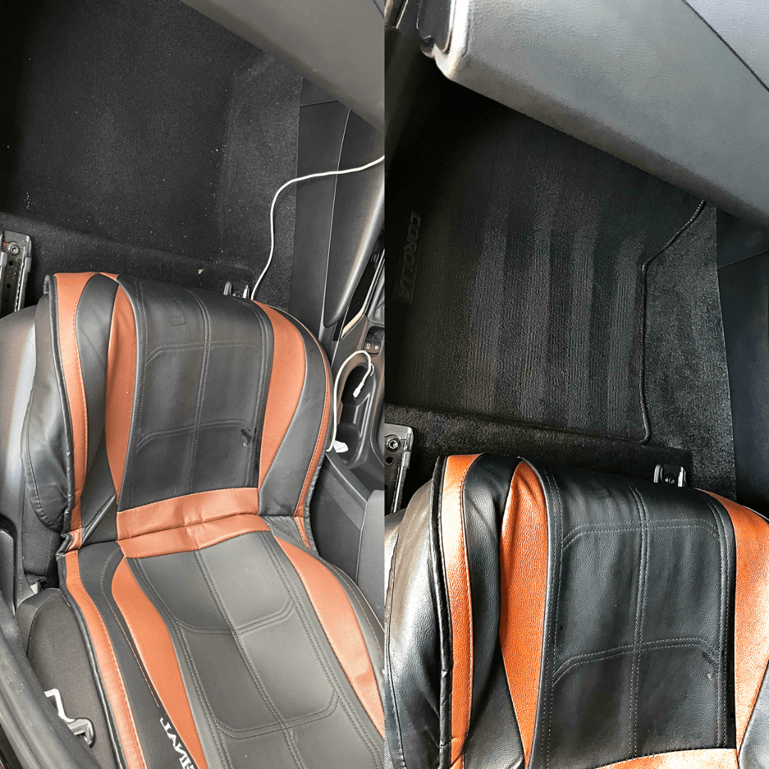 Before and after comparison showing a dirty car floor versus a clean, vacuumed mat.
