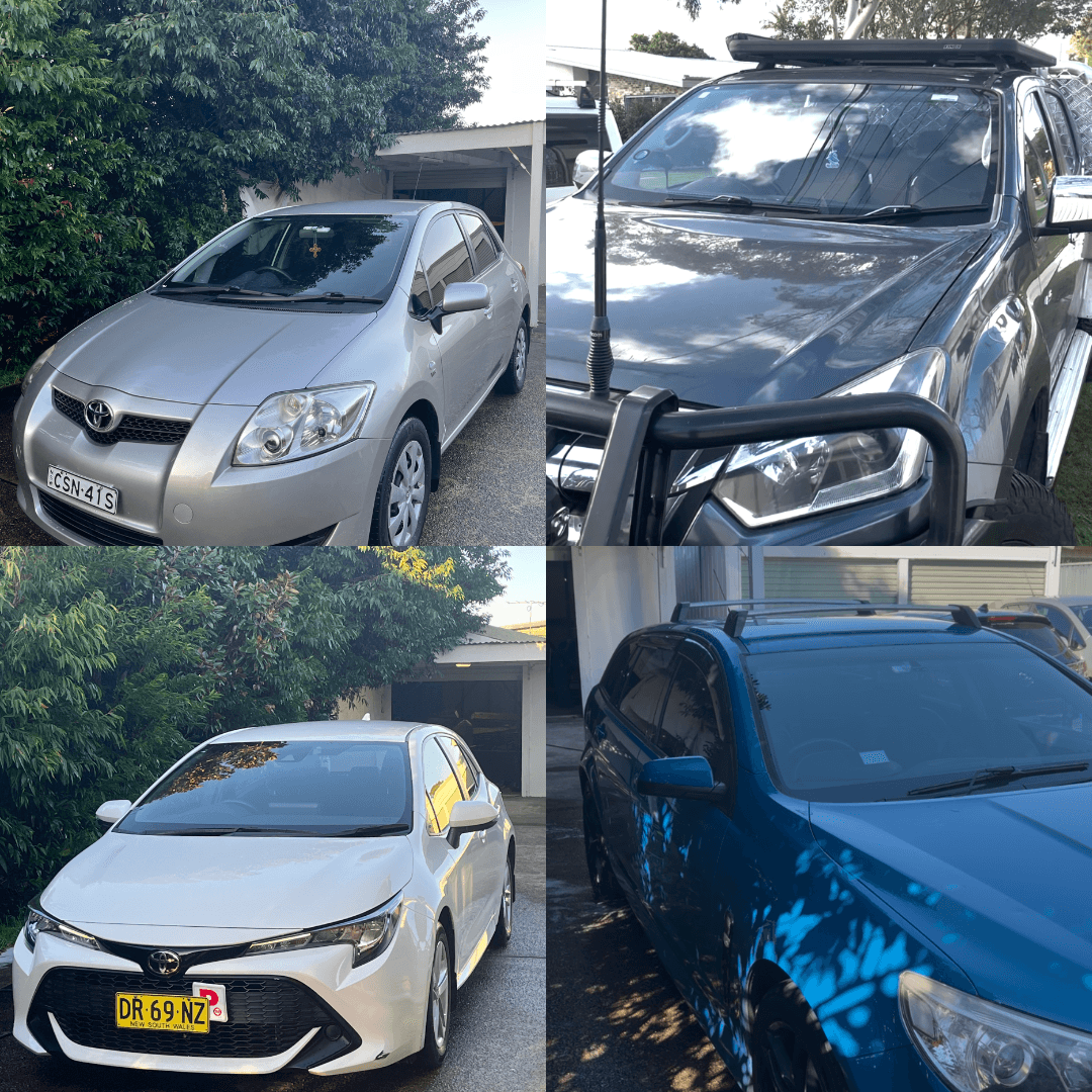 Four-panel collage of silver Toyota, grey pickup truck, white Toyota Corolla, and blue car.