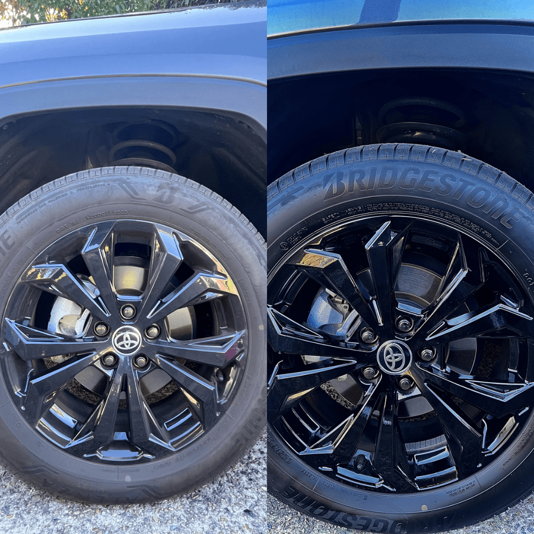 Side-by-side comparison of a dusty black Toyota wheel and a clean, glossy wheel.